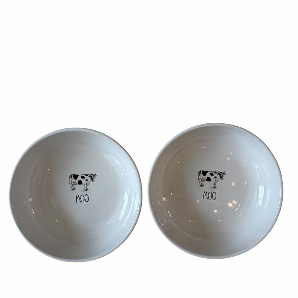 Rae Dunn Country Farm COW MOO 8in Ceramic Pasta Bowls Set of 2 New